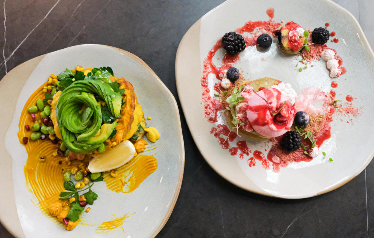 Plants & Me Golden Corn Fritter Stack (left) and Choc Berry Pancakes (right) (Image: © 2021 Inside Gold Coast)