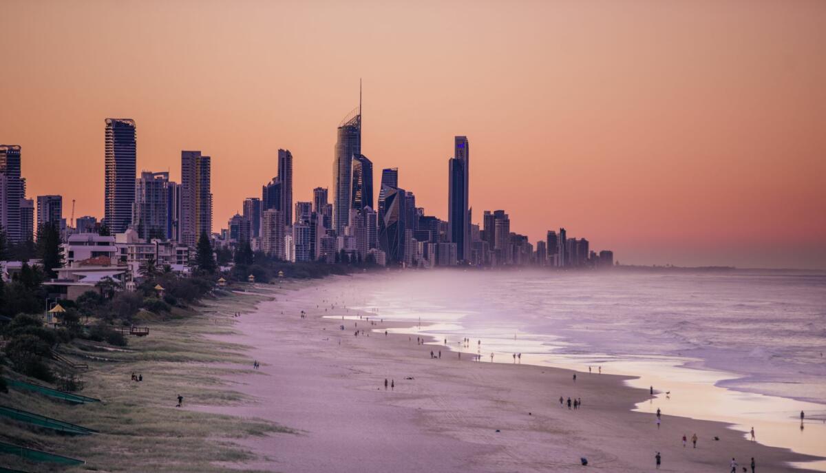 Aerial of Miami beach at sunset with Surfers Paradise skyline as a backdrop (image supplied by Destination Gold Coast)
