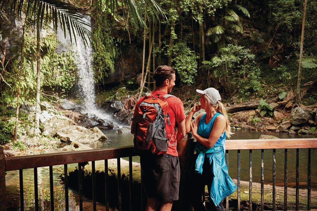 A couple enjoying Curtis Falls at Tamborine Mountain (image courtesy of Tourism and Events Queensland)