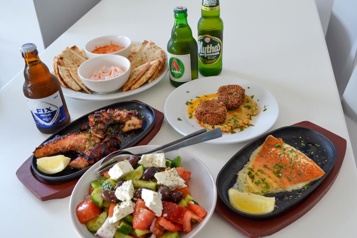 Pita with dips, Octopus (chargrilled), Falafel, Saganaki and Greek Salad, SouvGC (Image: © 2022 Inside Gold Coast)