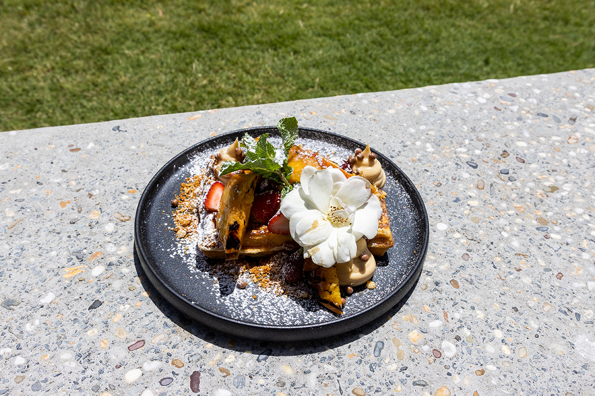 Organic waffles with peaches two ways, strawberries and Caramilk mousse, Pasture & Co, Currumbin Valley (image: ©2022 Inside Gold Coast)