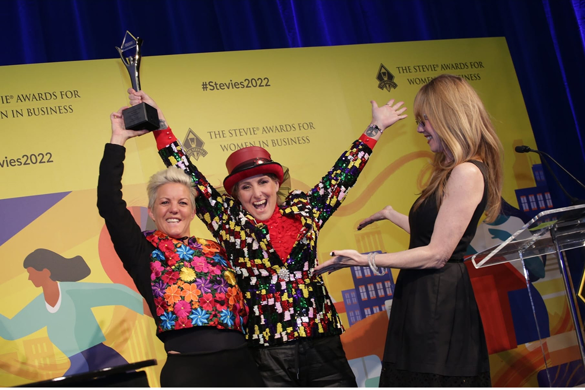 Annette Densham & Lauren Clemett winning the Grand Stevie, Audacious Agency (image supplied)