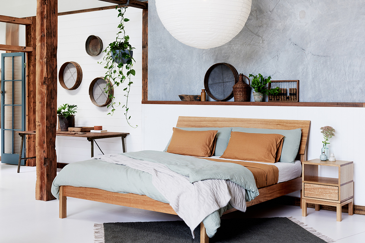 Oscar Bed Frame + Double Huey Bedside Table, Custom Natural Cot Mattress, The Natural Bedding Company, Carrara (image supplied)