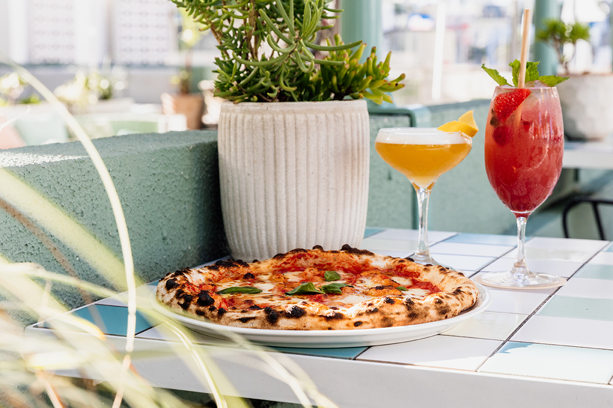 Two Lillet cocktails and a Margherita Pizza, Rooftop Secret Garden by Lillet at The Island, Surfers Paradise (image supplied)
