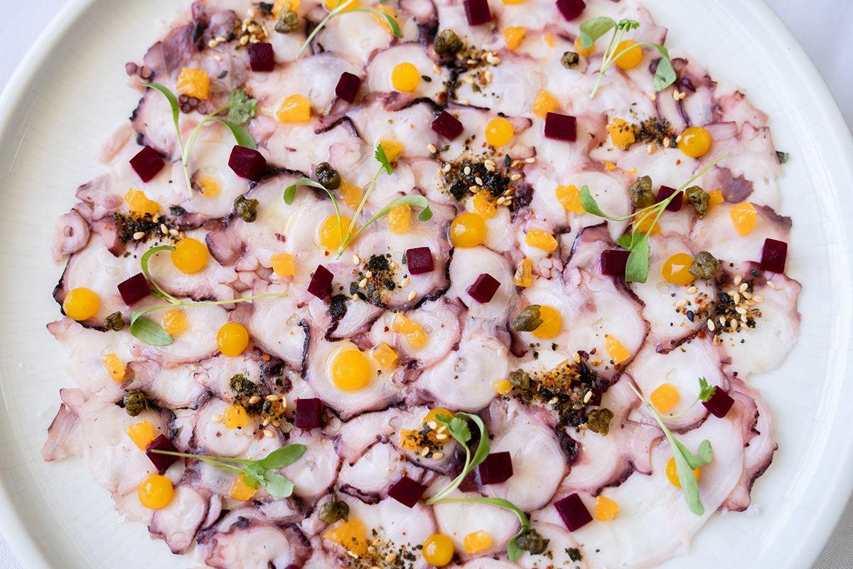 Octopus Carpaccio, Azure Bar and Grill, Elements Of Byron (image supplied)